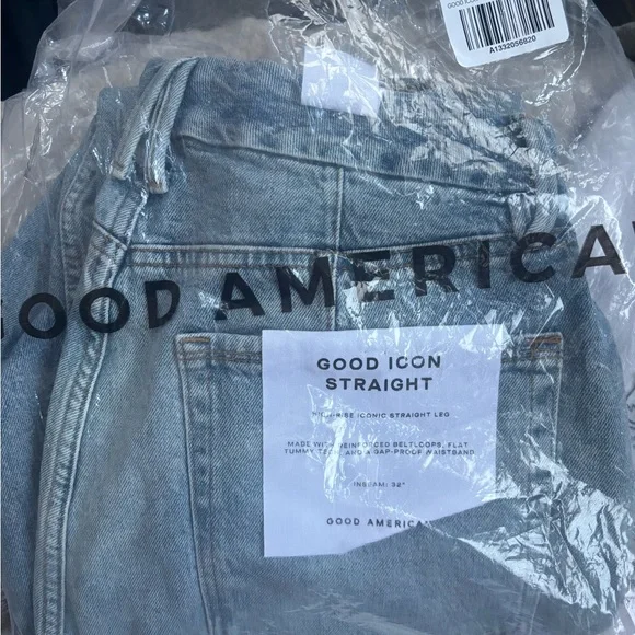 Good American Light Blue Straight Leg Jeans with Crystal Fringe Cutouts - Picture 7 of 7